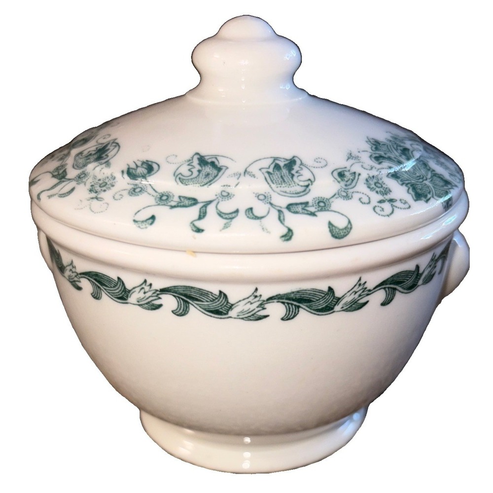 Vtg Albert Pick Buffalo China Covered Sugar Bowl Green Scroll Restaurantware
